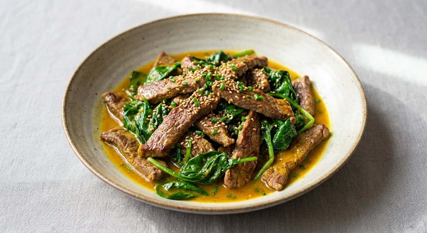 Ternera Salteada con Espinacas y Cúrcuma