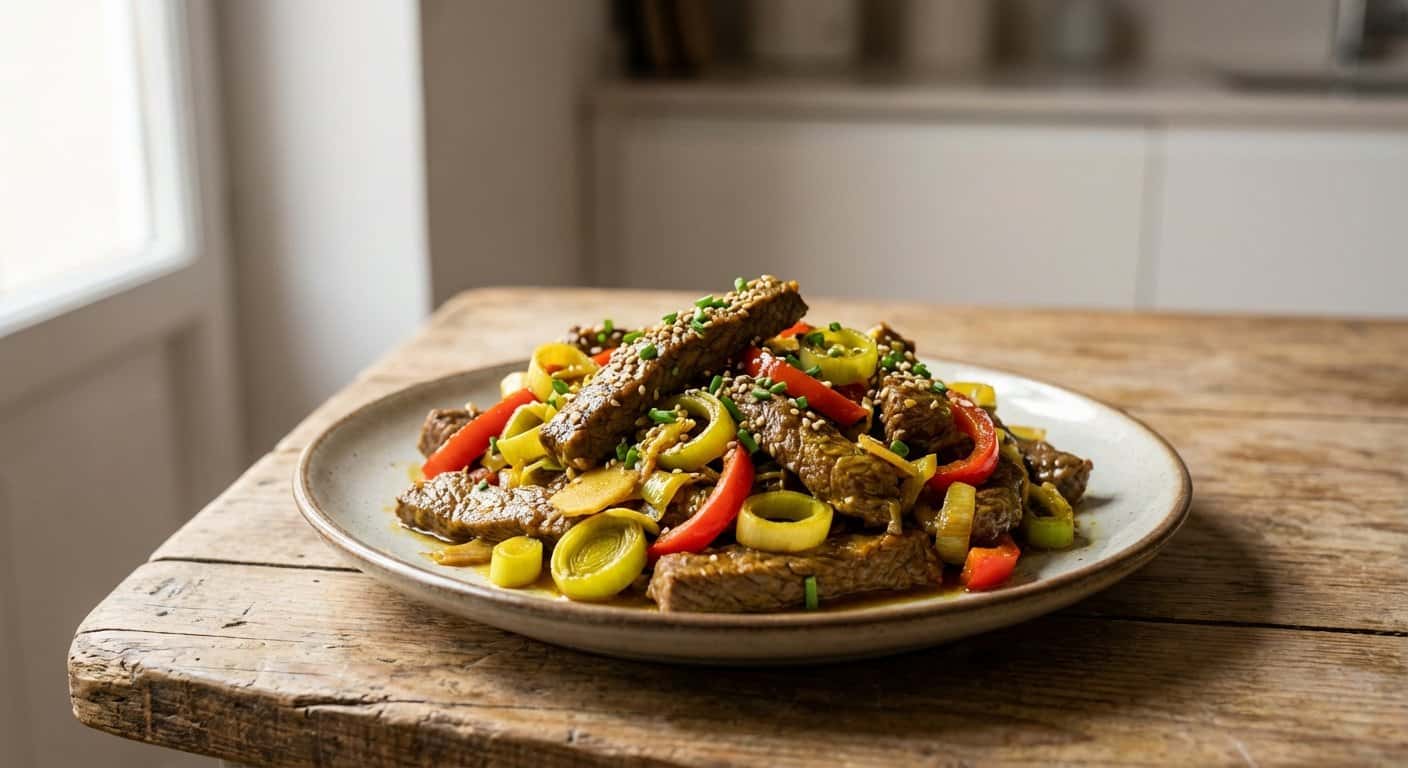 Ternera Salteada con Puerro y Cúrcuma