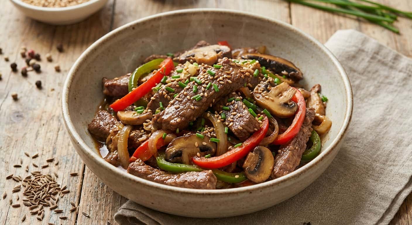 Ternera Salteada con Setas y Comino