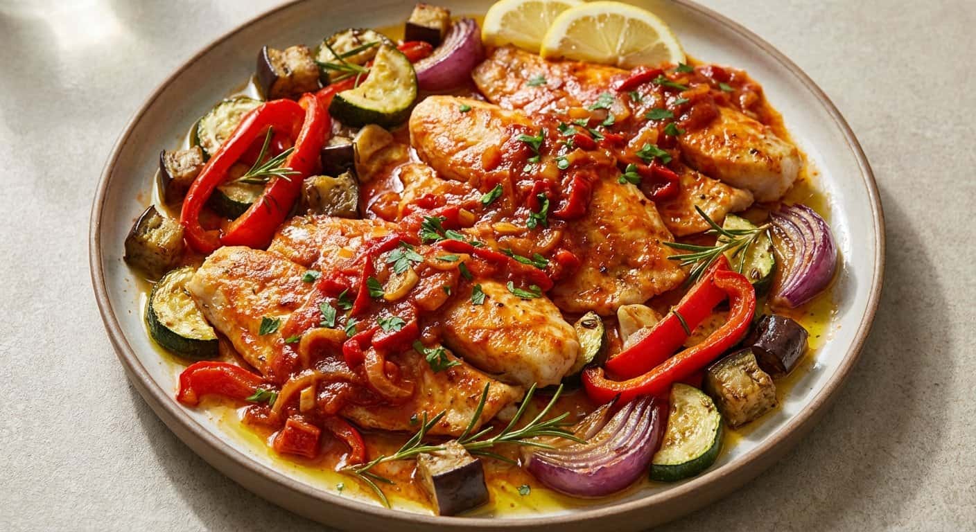 Tilapia a la Bilbaína con Verduras Asadas