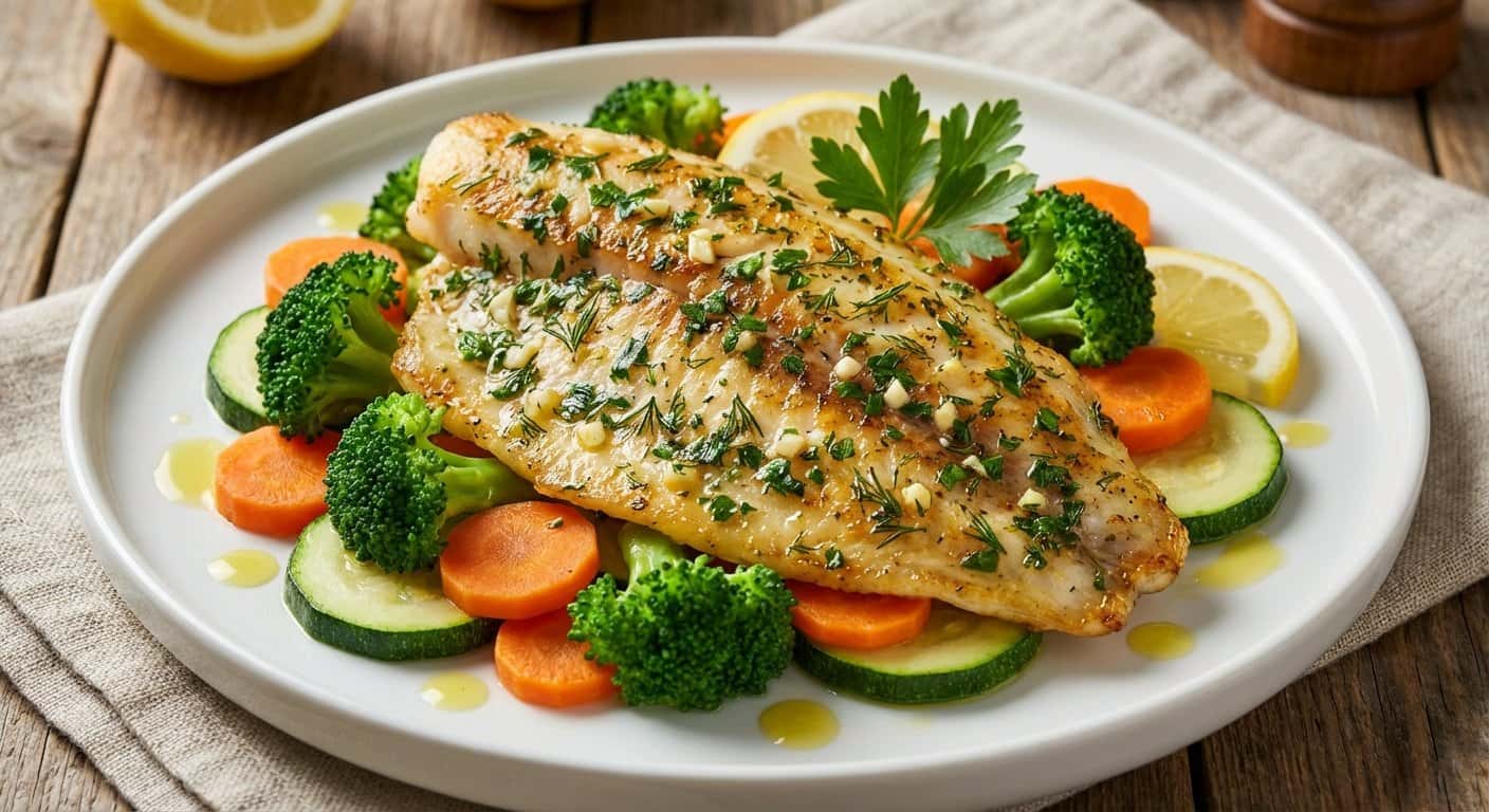 Tilapia con costra de hierbas con verduras al vapor