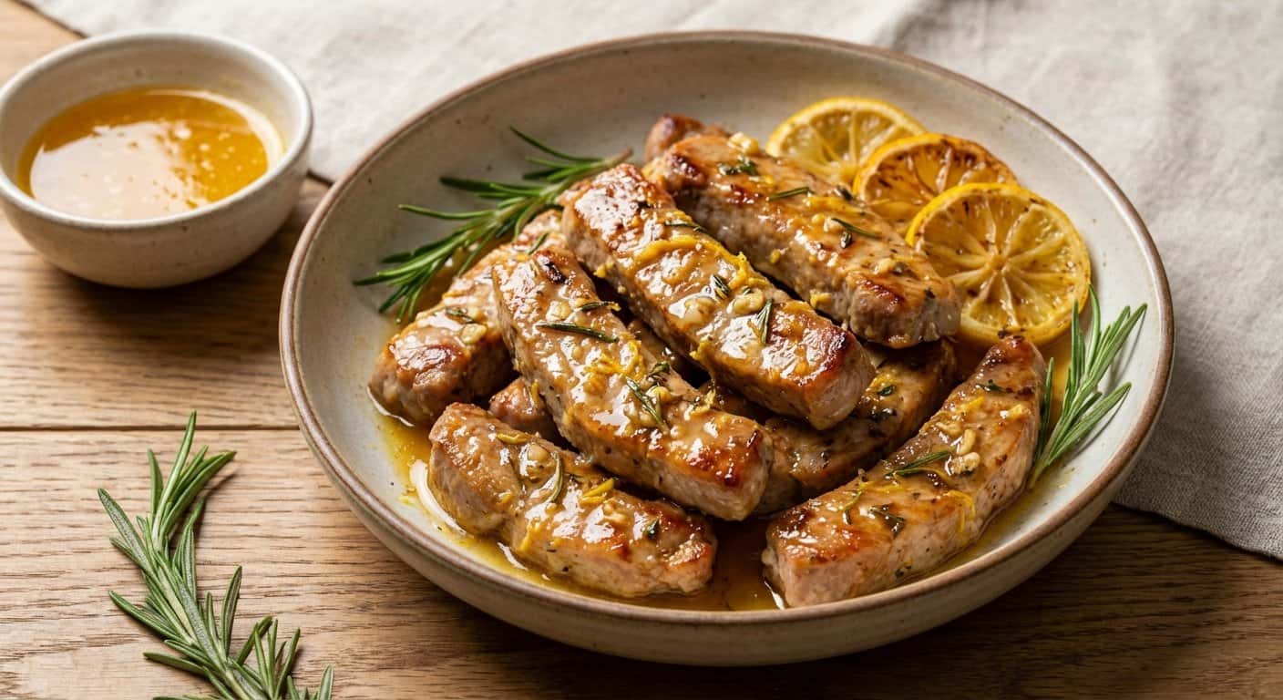 Tiras de Lomo de Cerdo al Horno con Ajo y Limón y Salsa de Cítricos
