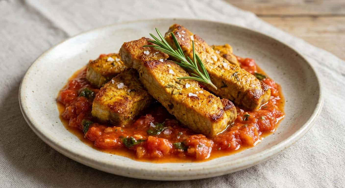 Tiras de Lomo de Cerdo al Horno con Cúrcuma y Salsa de Tomate Natural