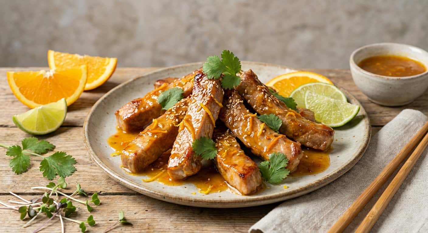 Tiras de Lomo de Cerdo al Horno con Curry Suave y Salsa de Cítricos