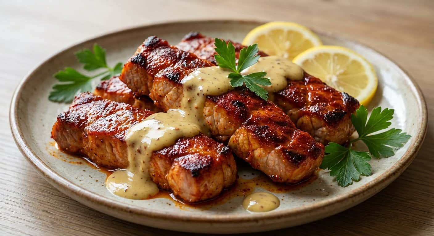 Tiras de Lomo de Cerdo al Horno con Pimentón Dulce y Vinagreta de Mostaza Suave