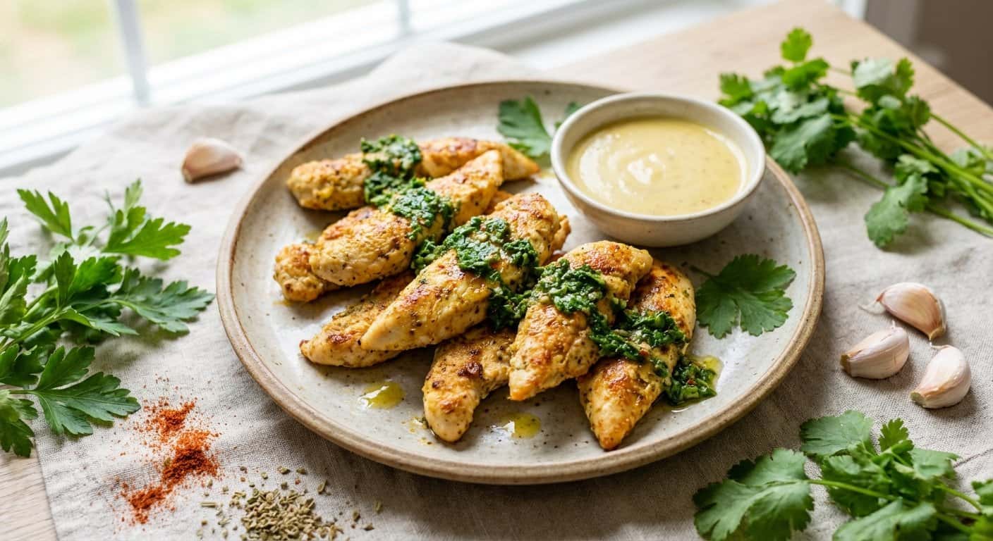 Tiras de pollo al horno con chimichurri ligero y vinagreta de mostaza suave