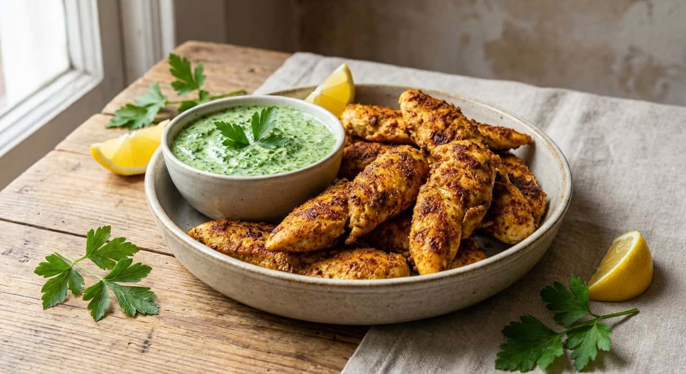 Tiras de Pollo al Horno con Comino y Salsa de Hierbas