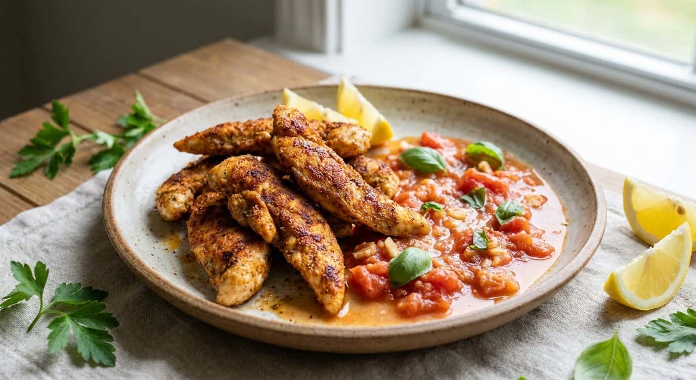 Tiras de Pollo Especiadas con Salsa Ligera de Tomate