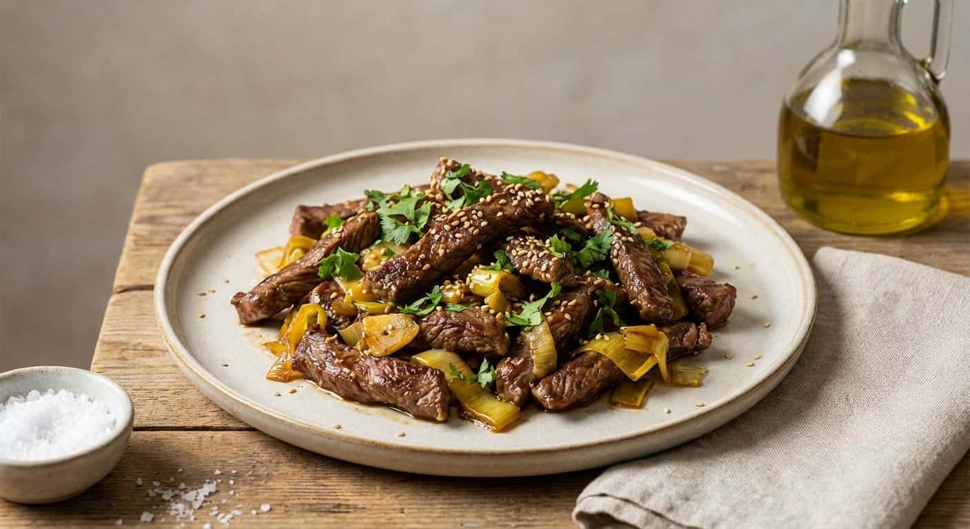 Tiras de Ternera Salteadas con Puerro