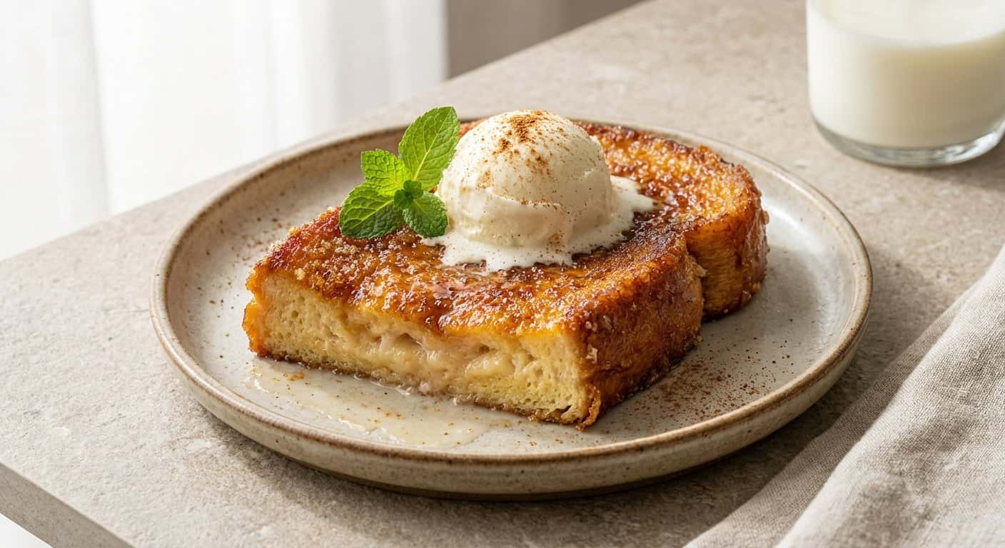 Torrija caramelizada con helado