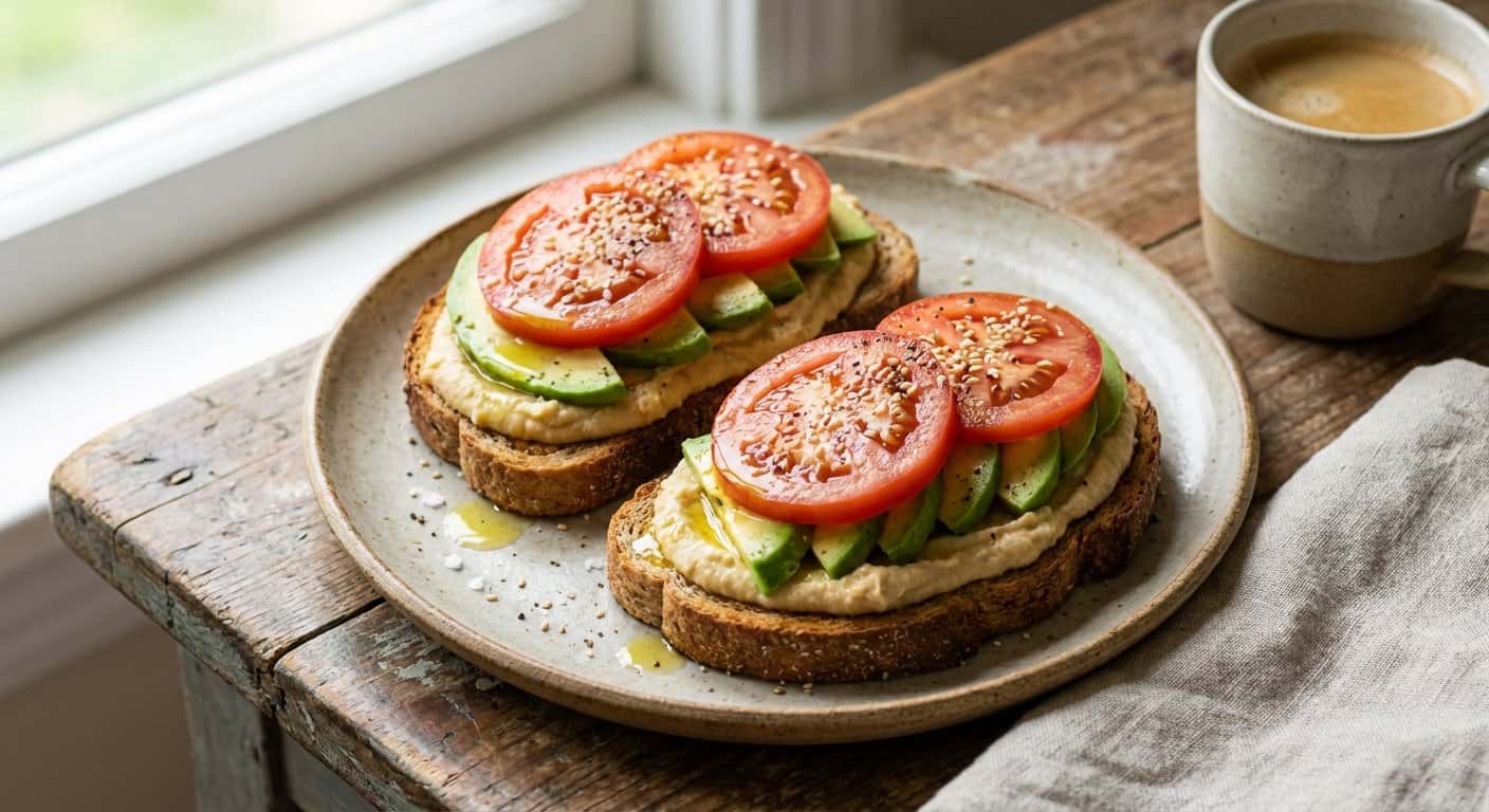 Tostada de Hummus con Aguacate y Tomate