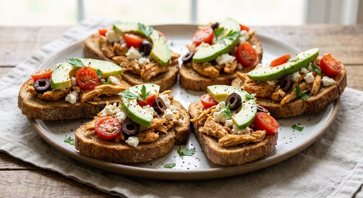 Tostadas Integrales con Pollo Desmenuzado y Queso Fresco