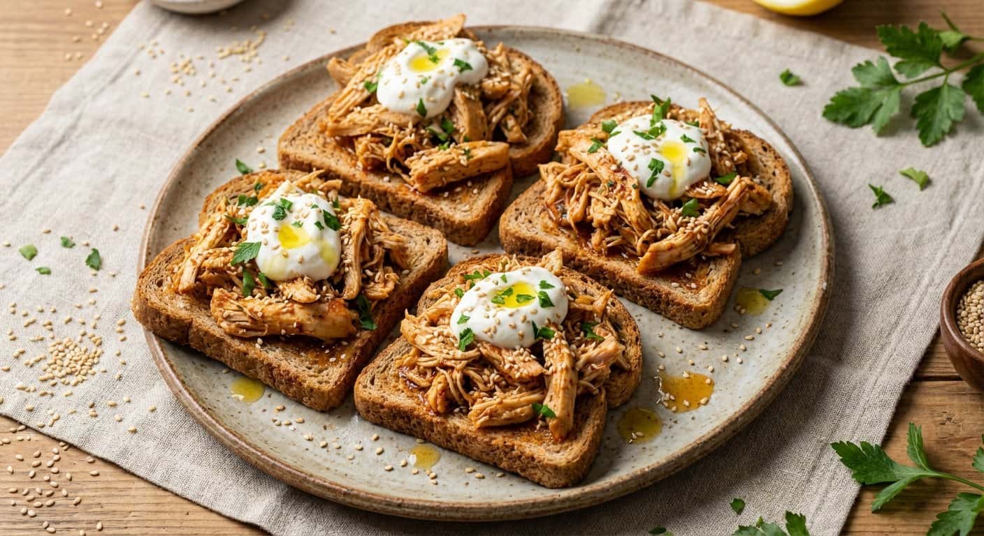 Tostadas Integrales con Pollo Desmenuzado y Semillas de Sésamo