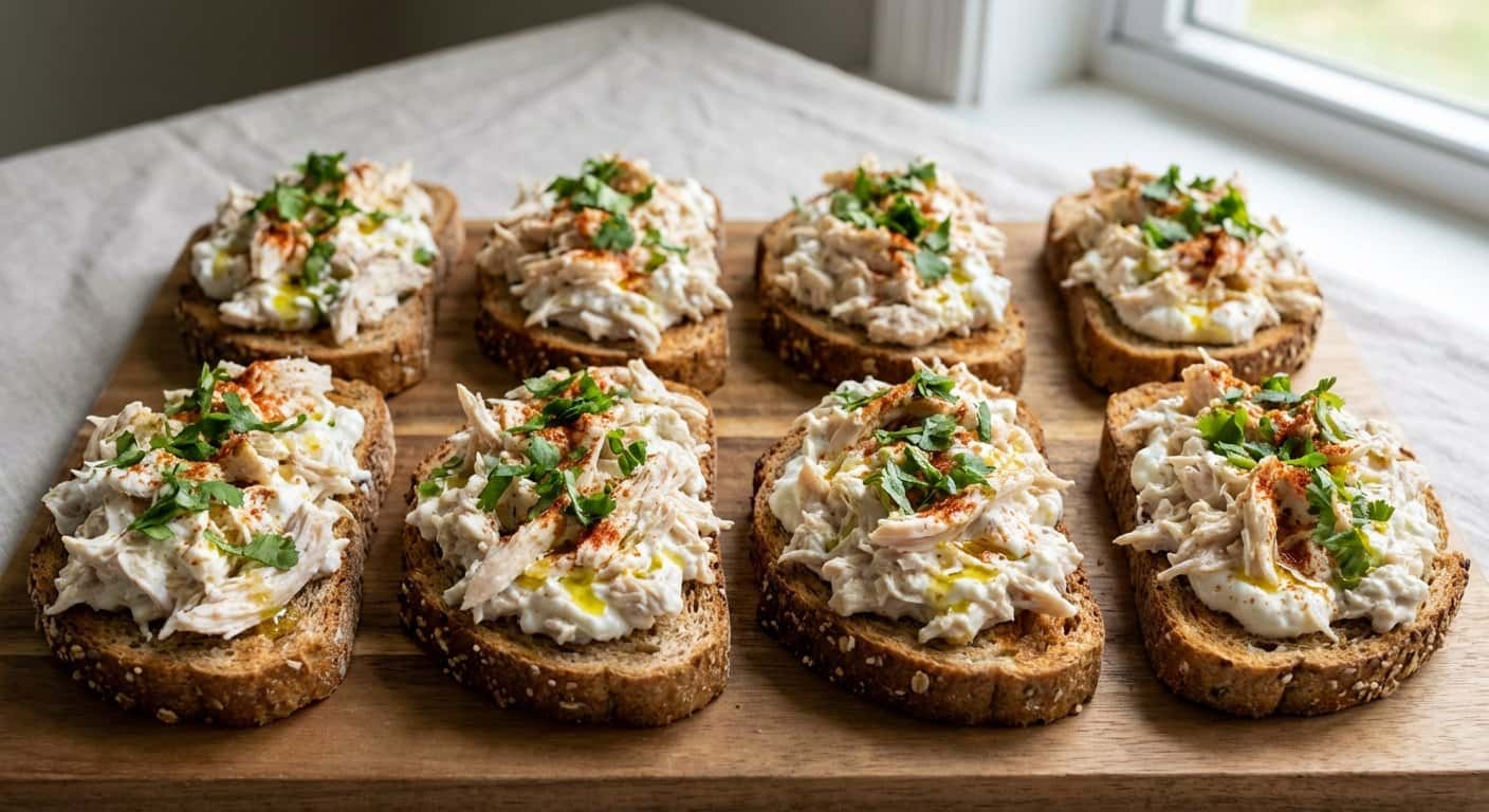 Tostadas Integrales con Pollo Desmenuzado y Yogur Natural