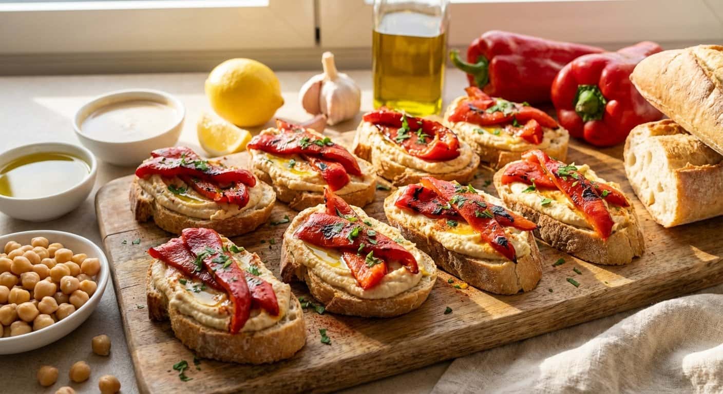 Tostas de Hummus y Pimiento Asado