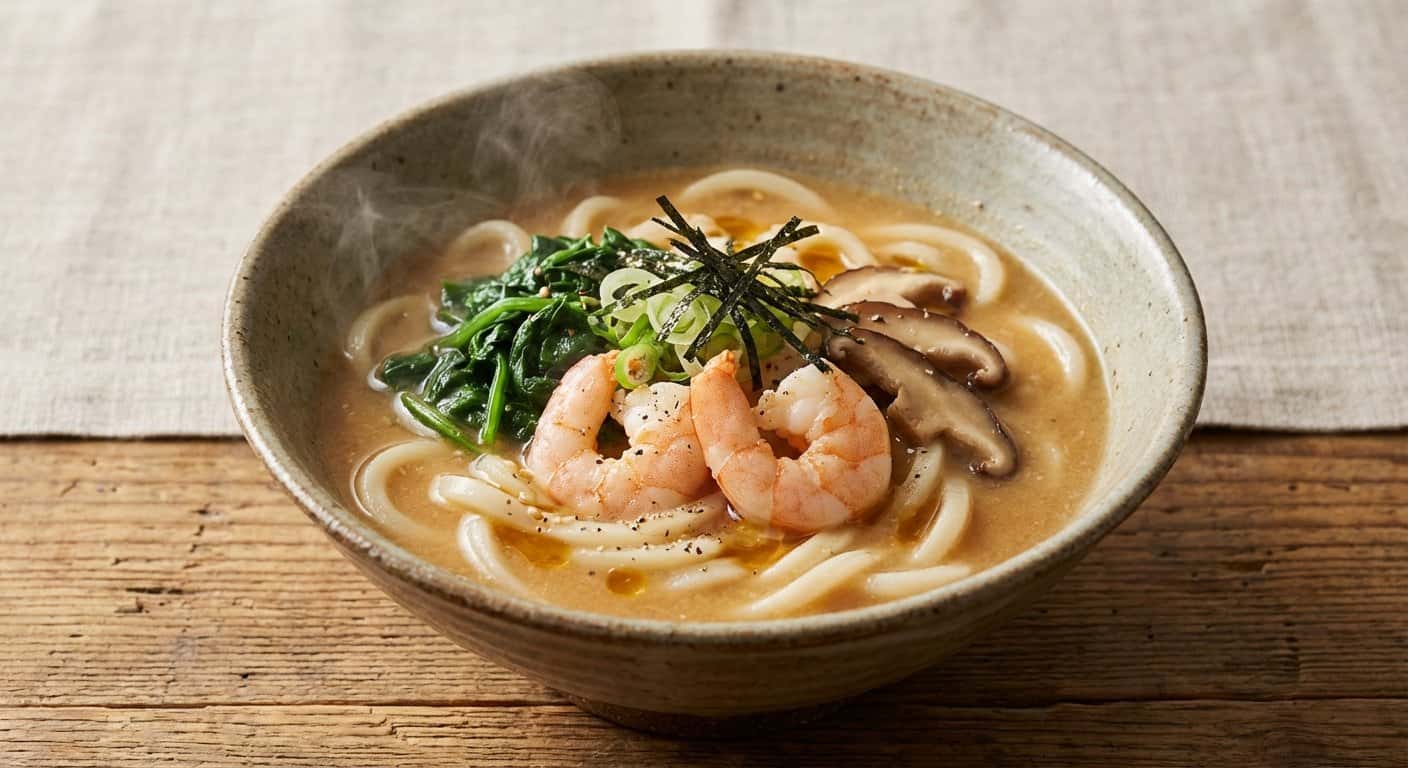 Udon Miso con Gambas y Espinacas