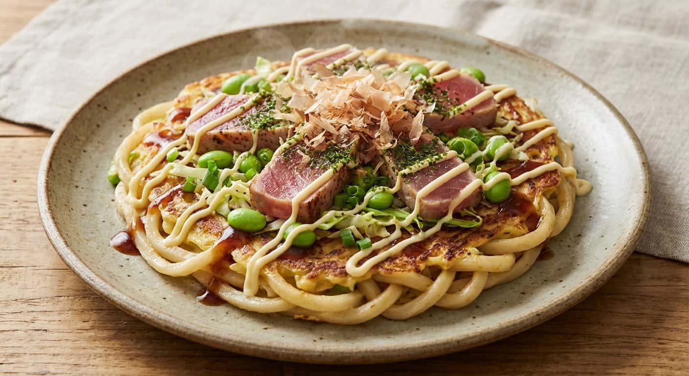 Udon Okonomiyaki con Atún y Edamame
