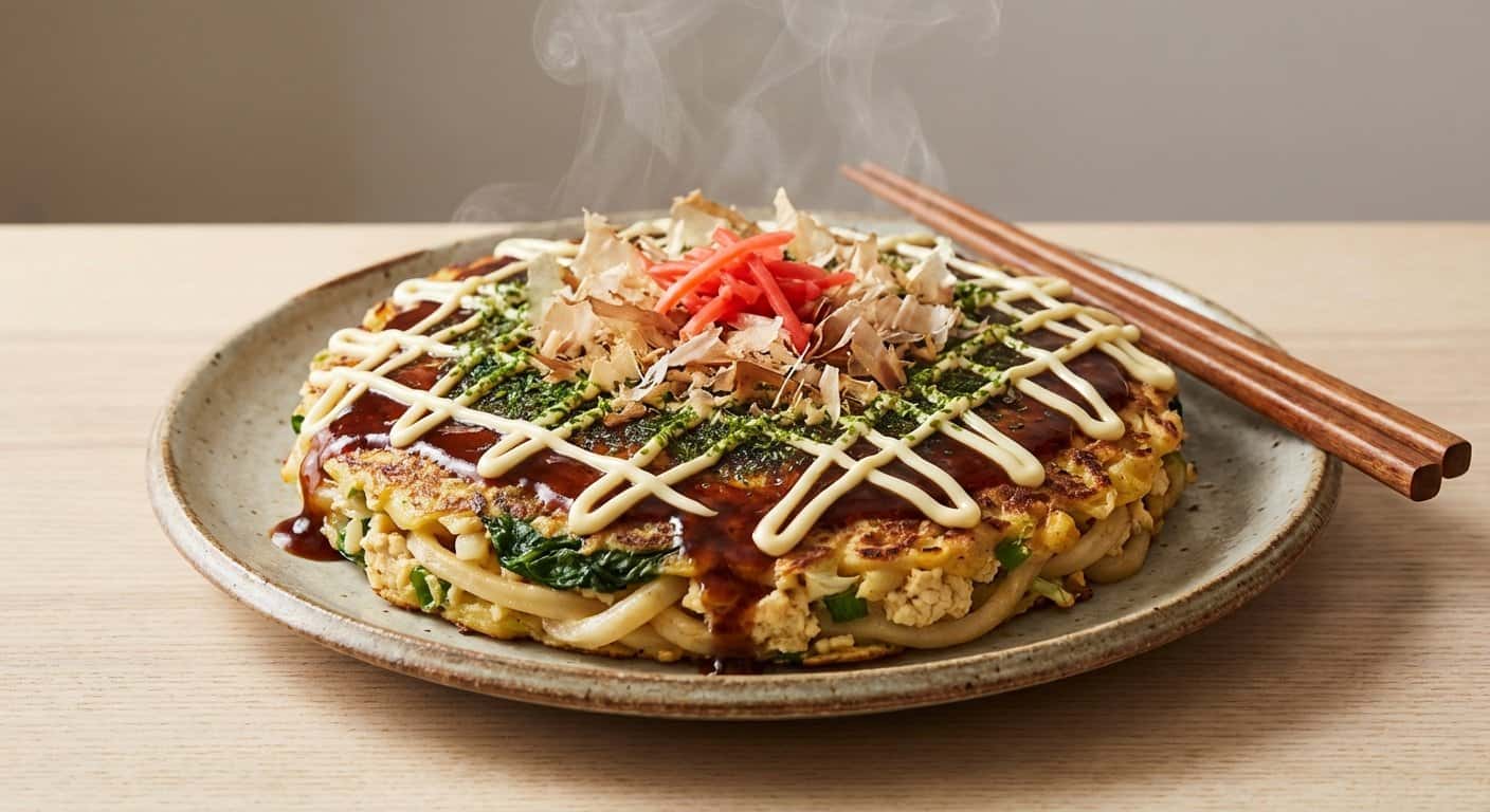 Udon Okonomiyaki con Tofu y Espinacas