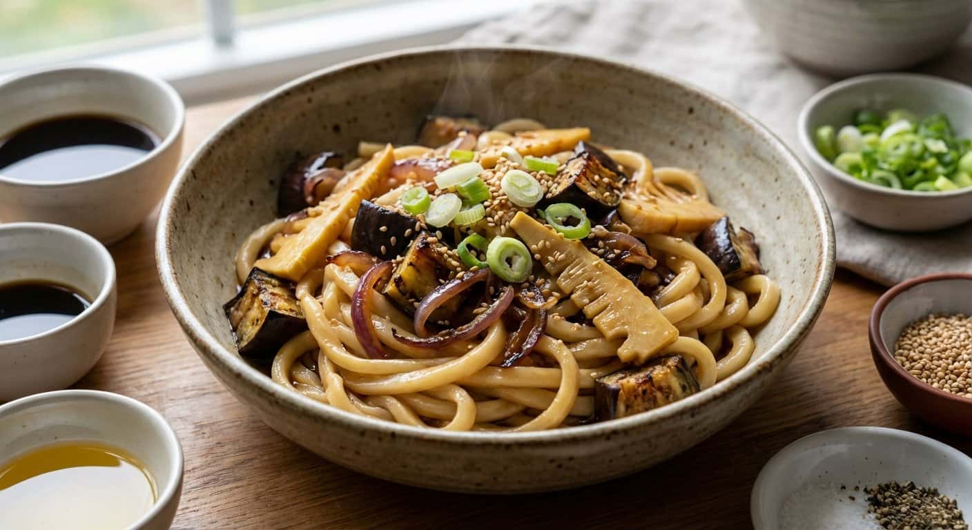 Udon Ponzu con Berenjena y Brotes de Bambú