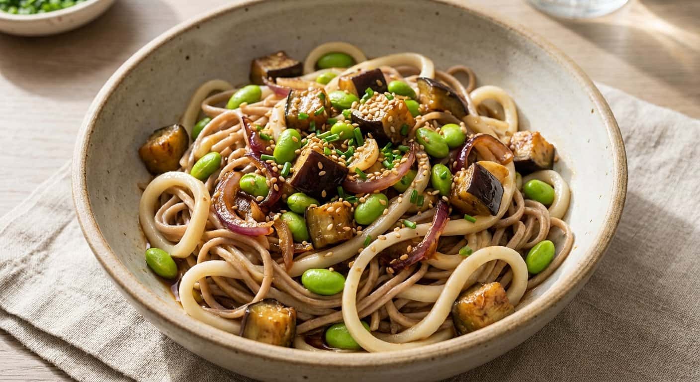 Udon Soba con Berenjena y Edamame