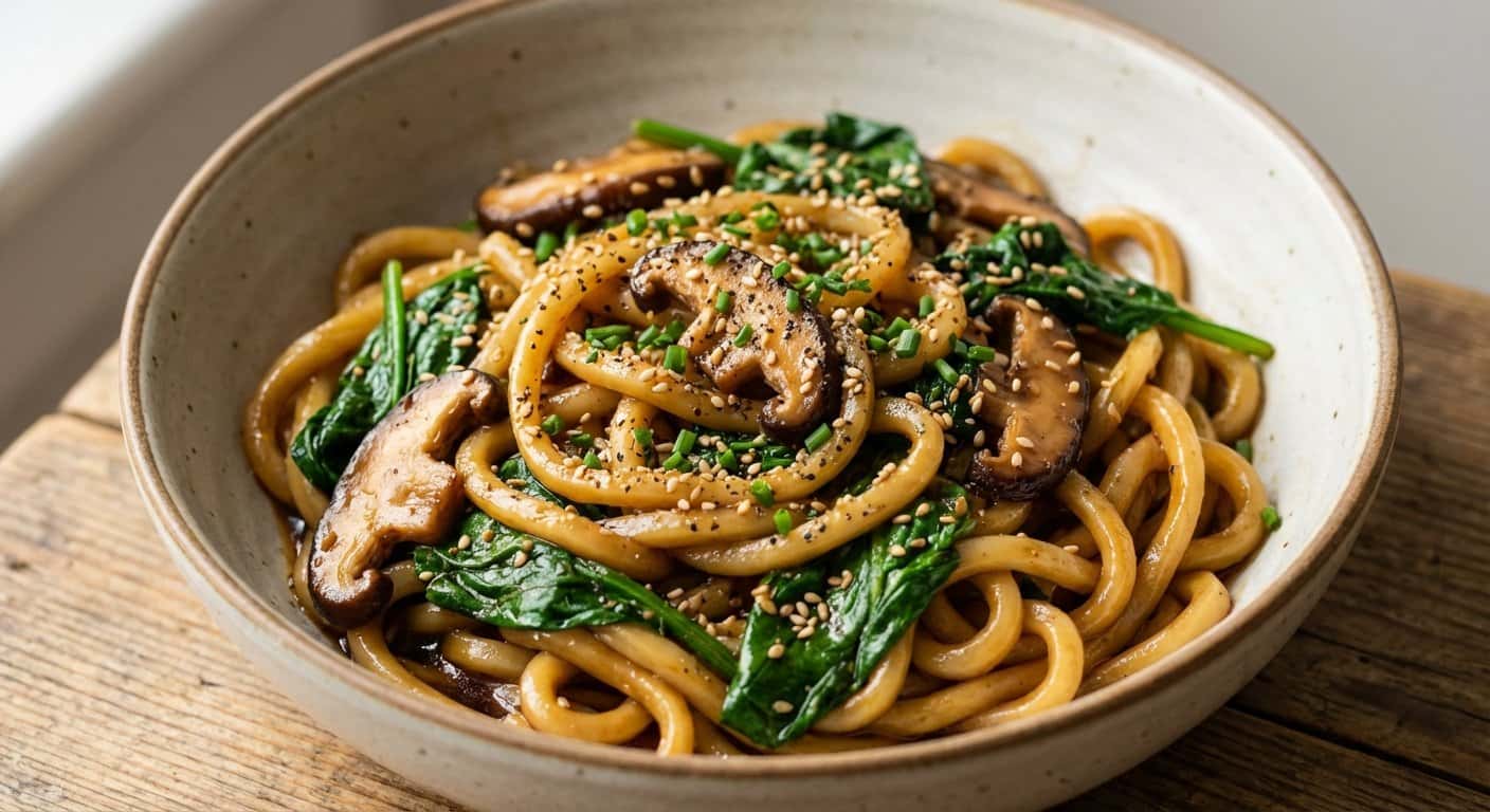 Udon Yakitori con Setas Shiitake y Espinacas