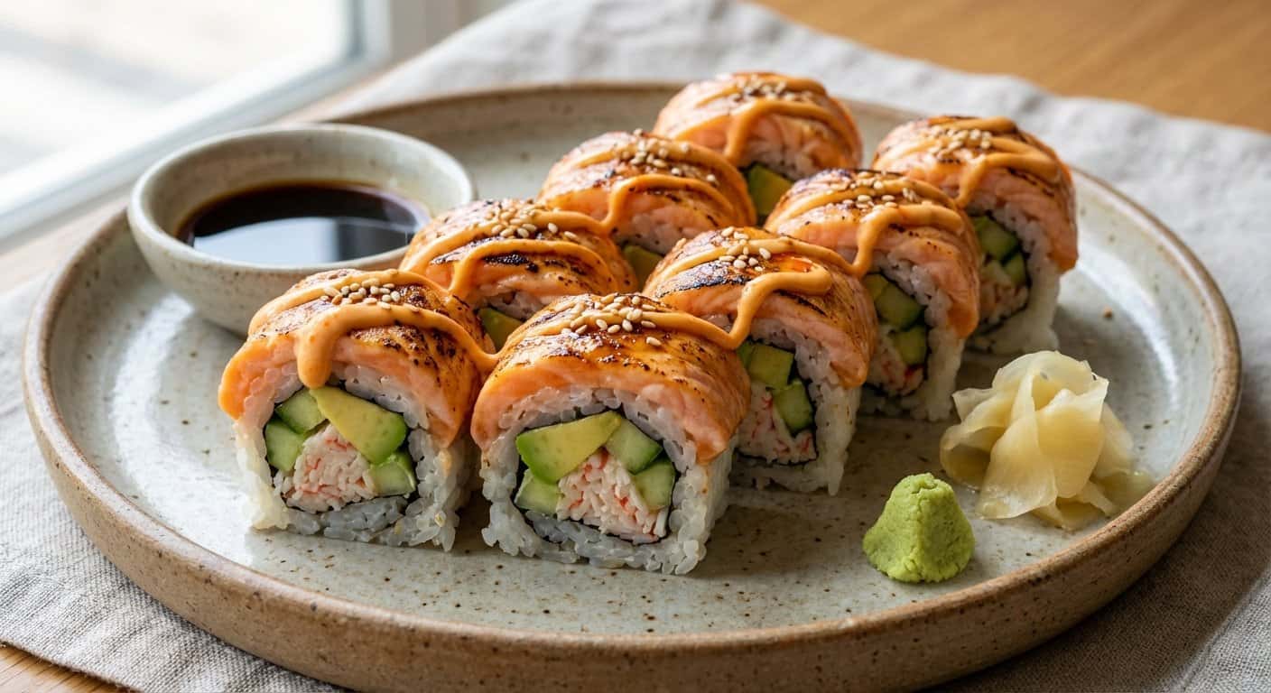Uramaki de Salmón Flambeado