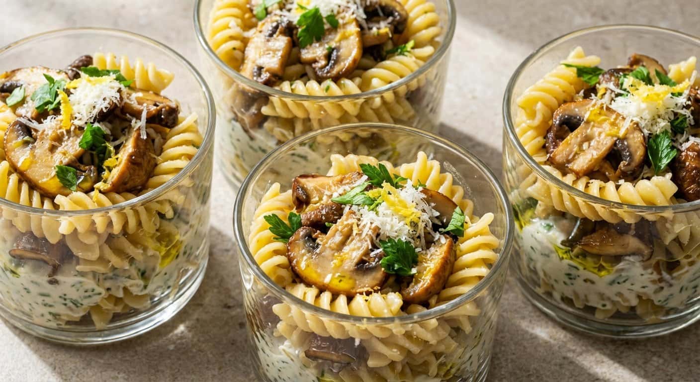 Vasitos de pasta fría con setas y hierbas