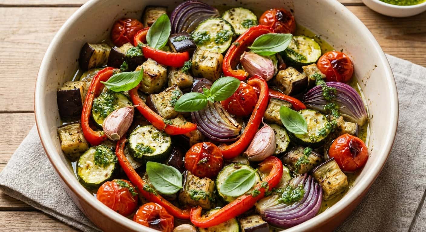 Verduras al horno con albahaca y vinagreta
