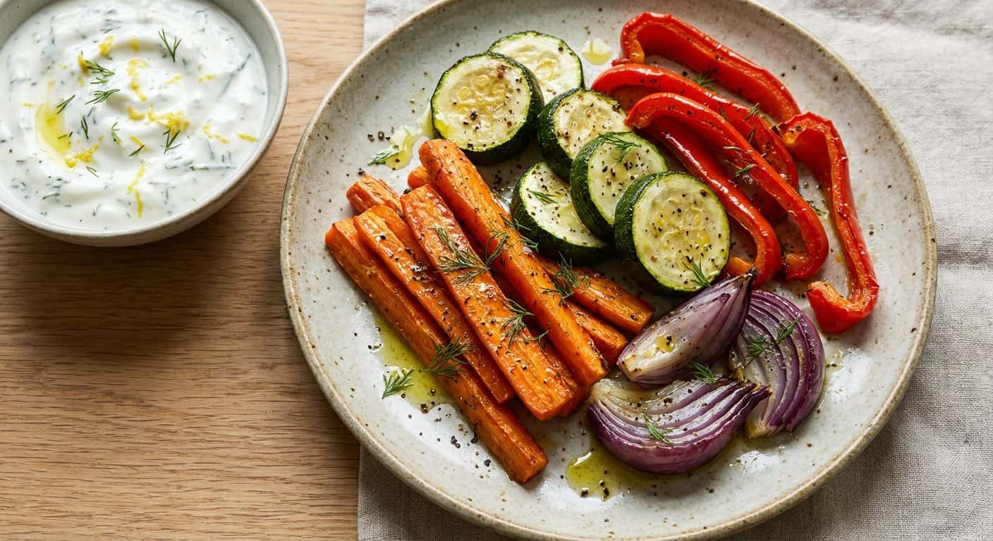 Verduras al horno con eneldo y salsa de yogur