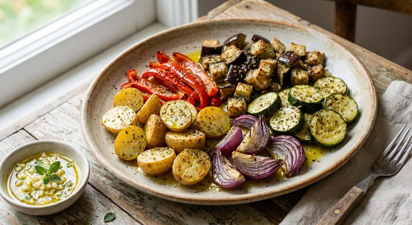 Verduras al horno con orégano y salsa de ajo