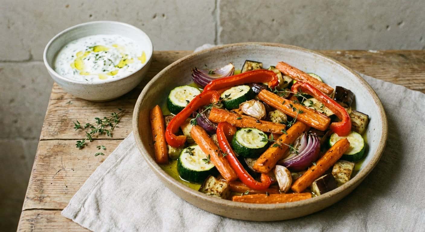 Verduras al Horno con Tomillo y Salsa de Yogur