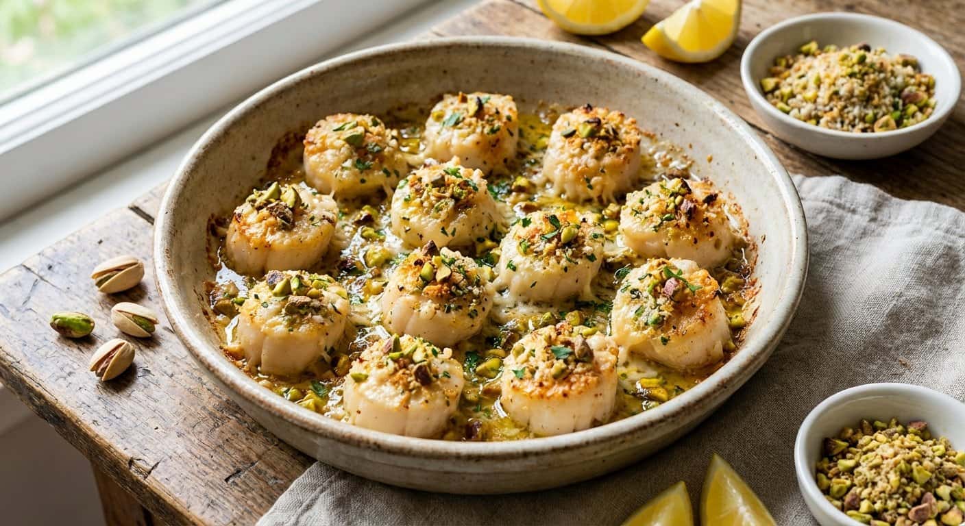 Vieira gratinada con parmesano y pistacho