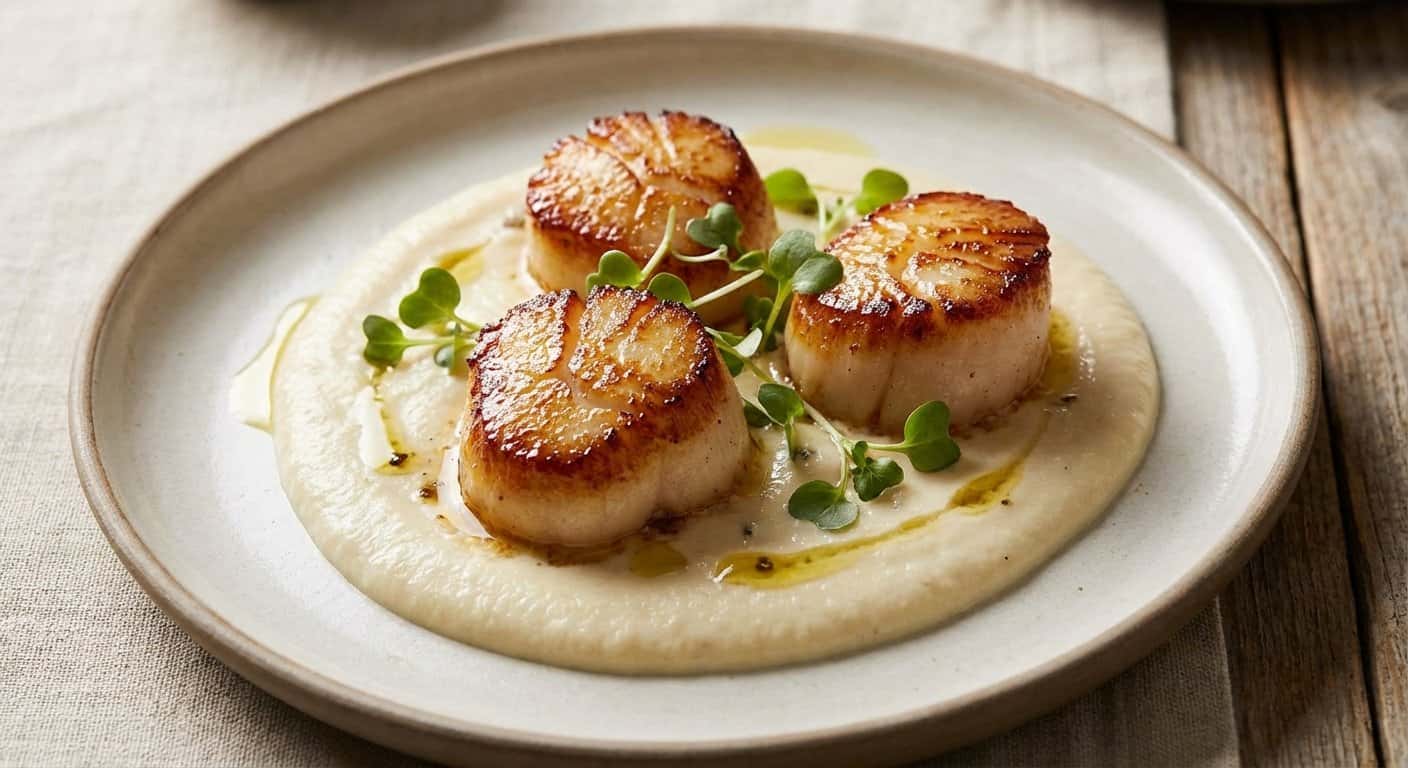 Vieiras Selladas con Crema de Coliflor al Trufa