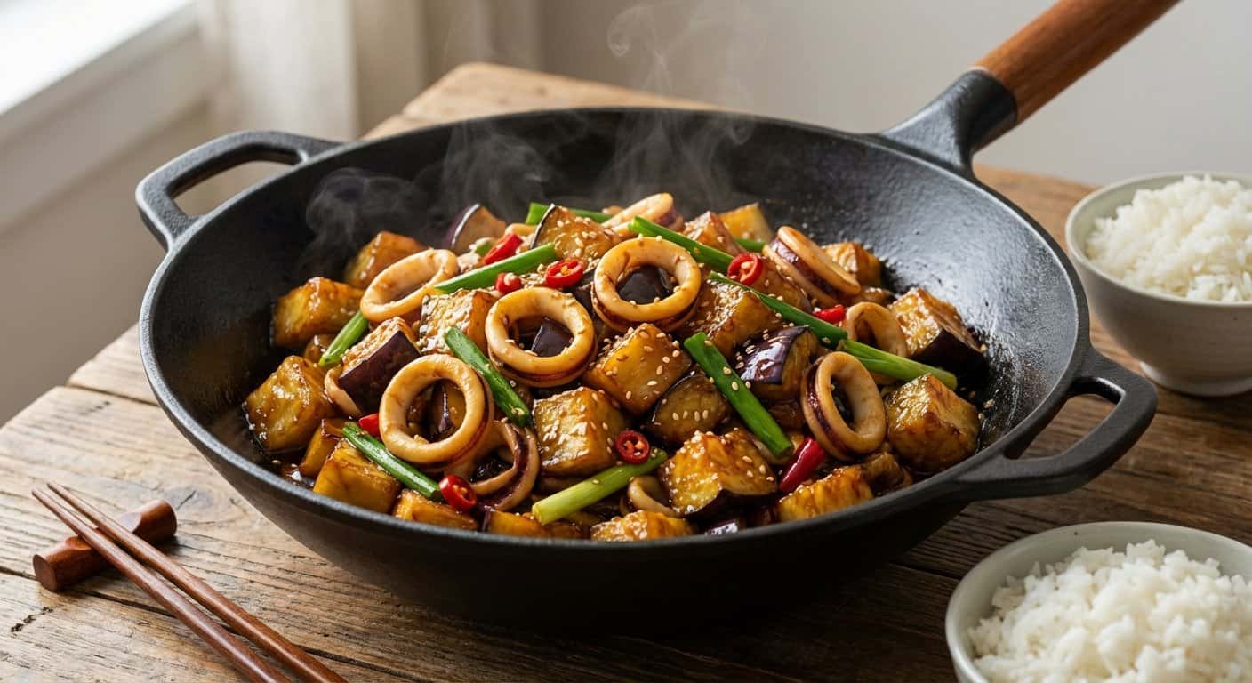 Wok Fujian de Berenjena con Calamar y Vinagre Negro
