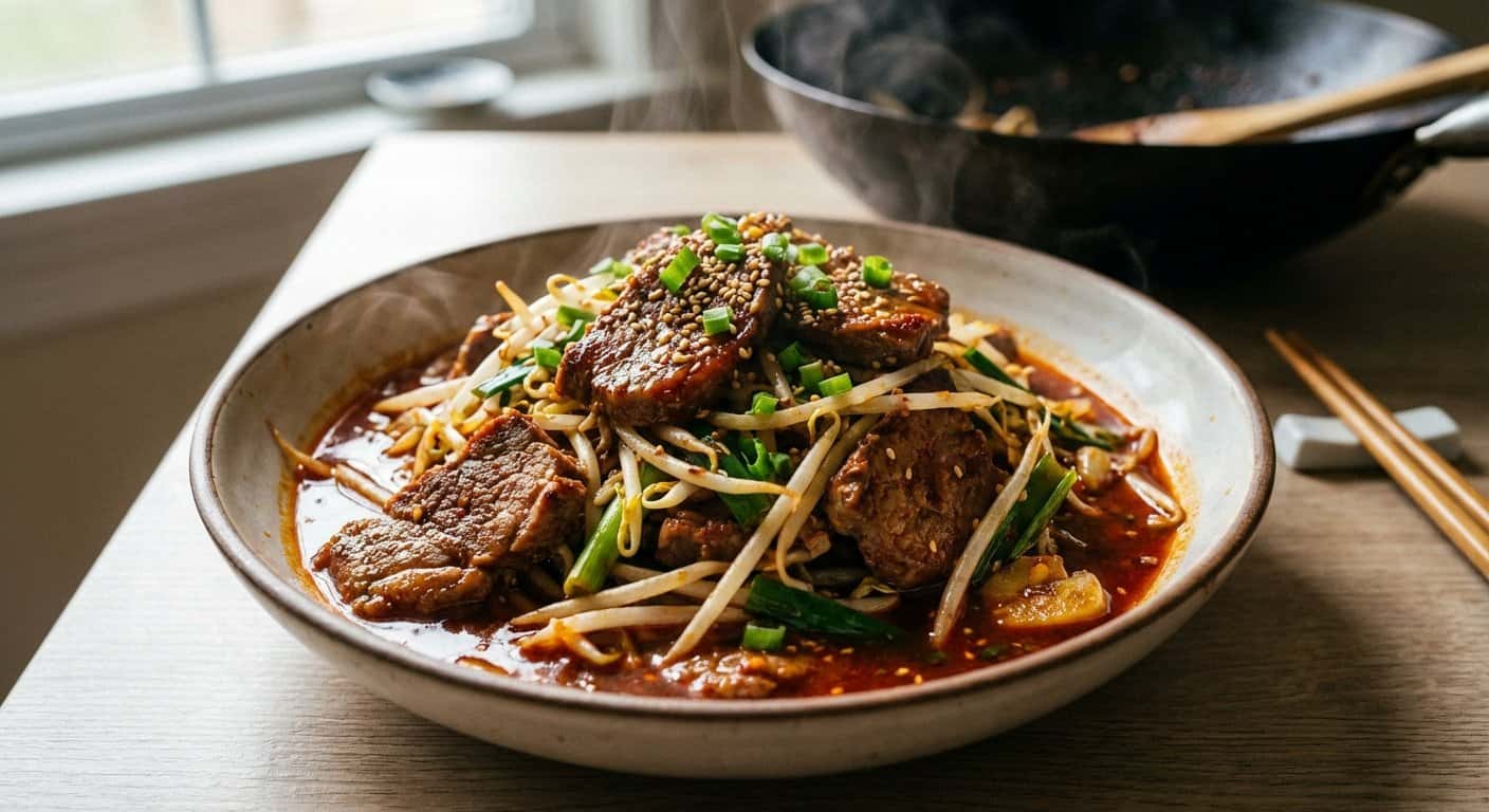 Wok Shanghainesa de Brotes de Soja con Cordero y Doubanjiang