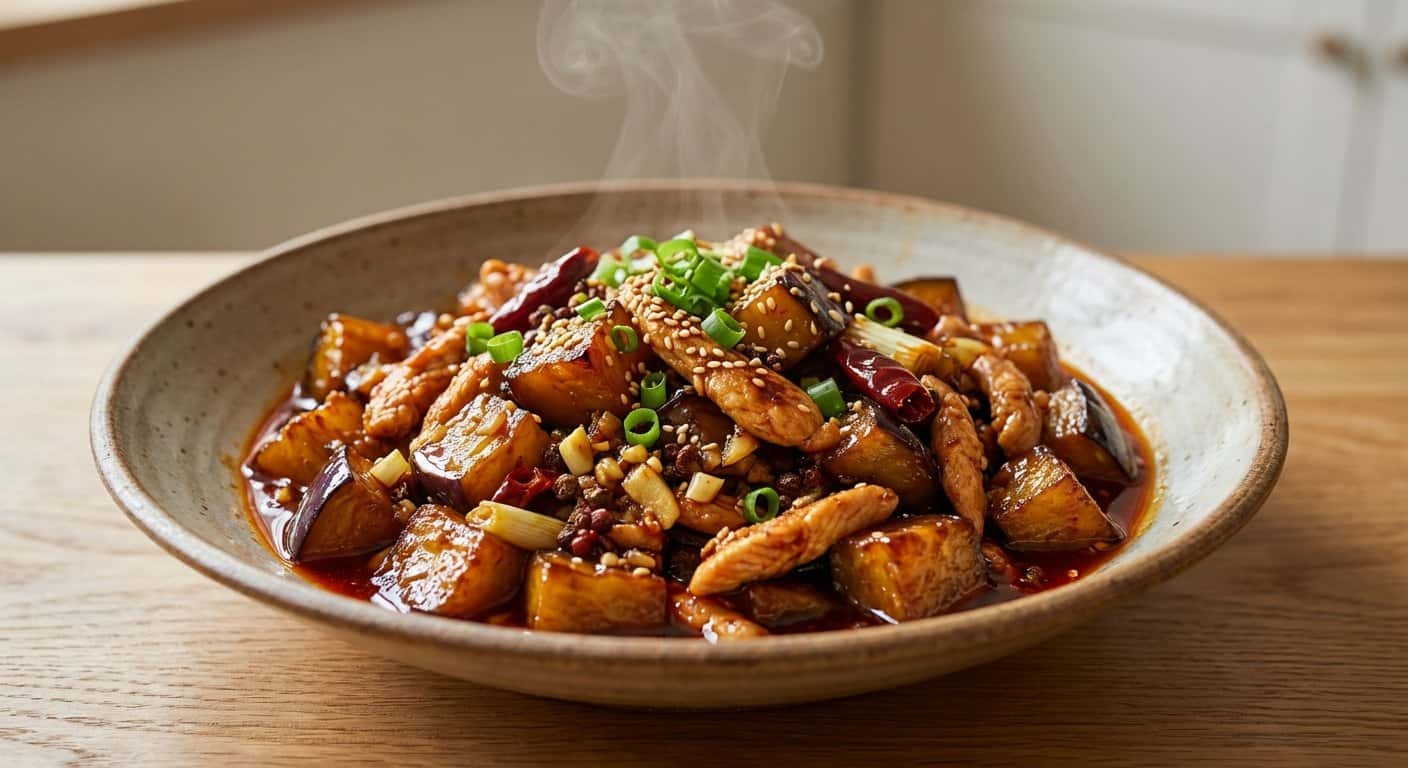 Wok Xinjiang de Berenjena con Pollo y Doubanjiang