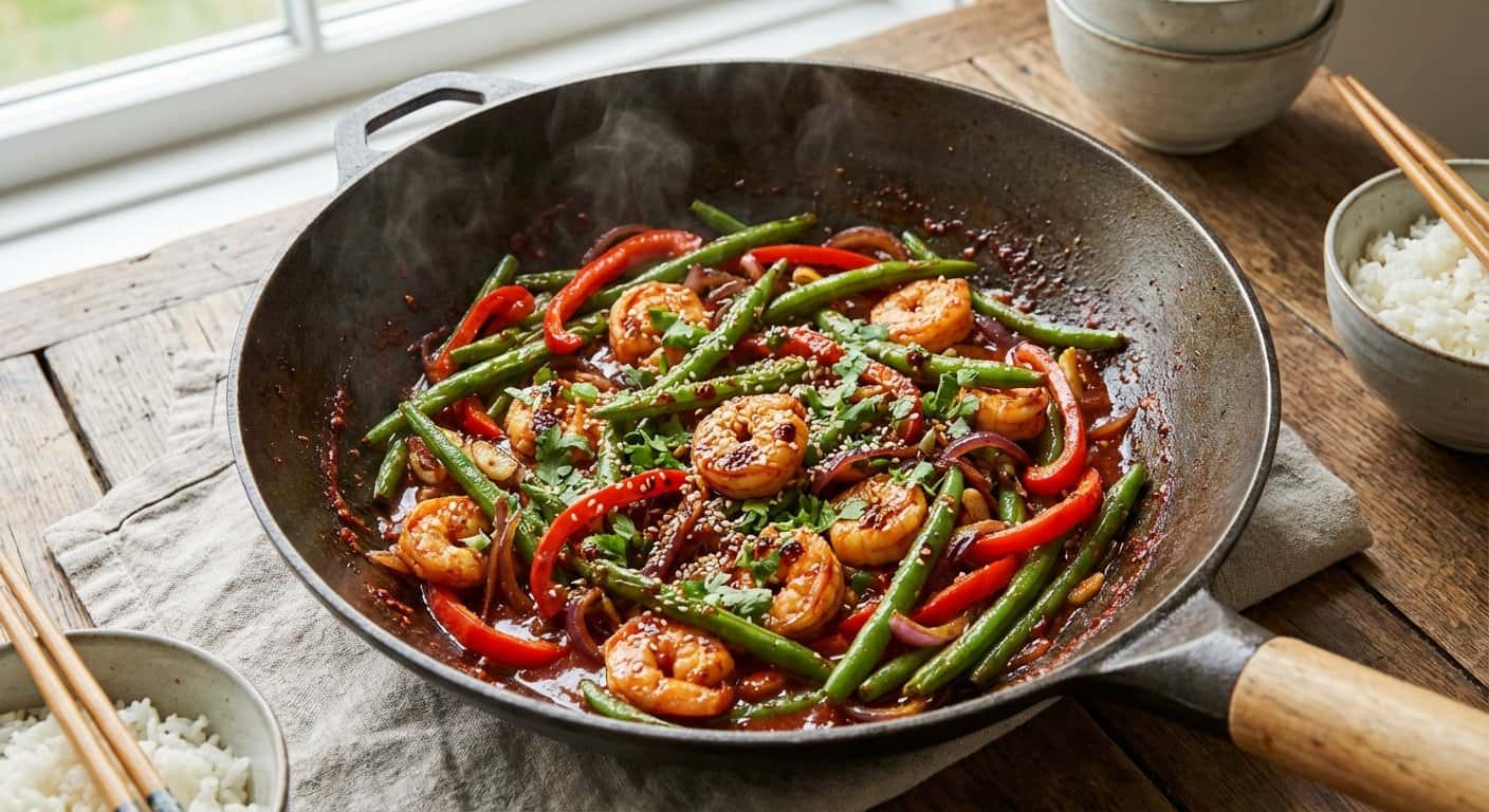 Wok Xinjiang de Judías Verdes con Gambas y Salsa de Chili