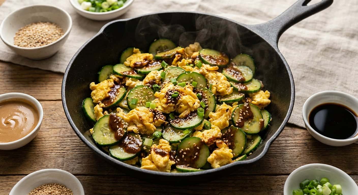 Wok Xinjiang de Pepino con Huevo y Salsa de Sésamo