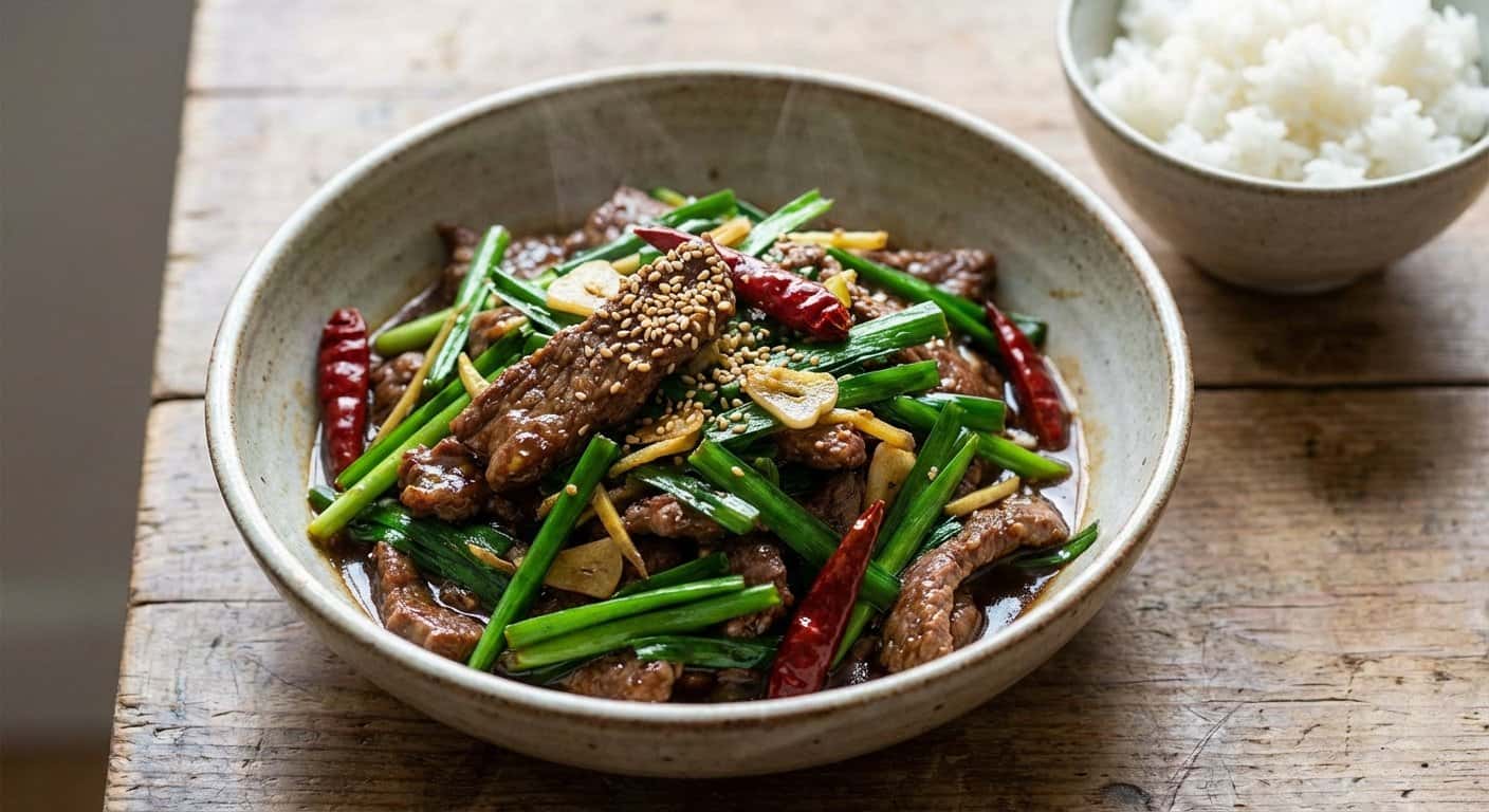 Wok Yunnan de Cebollino con Ternera y Vinagre Negro