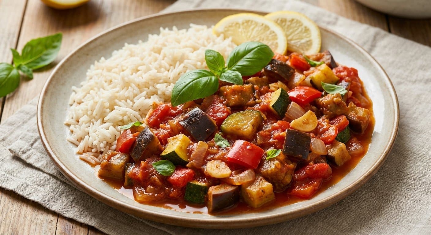 Pisto con Berenjena y Arroz Basmati