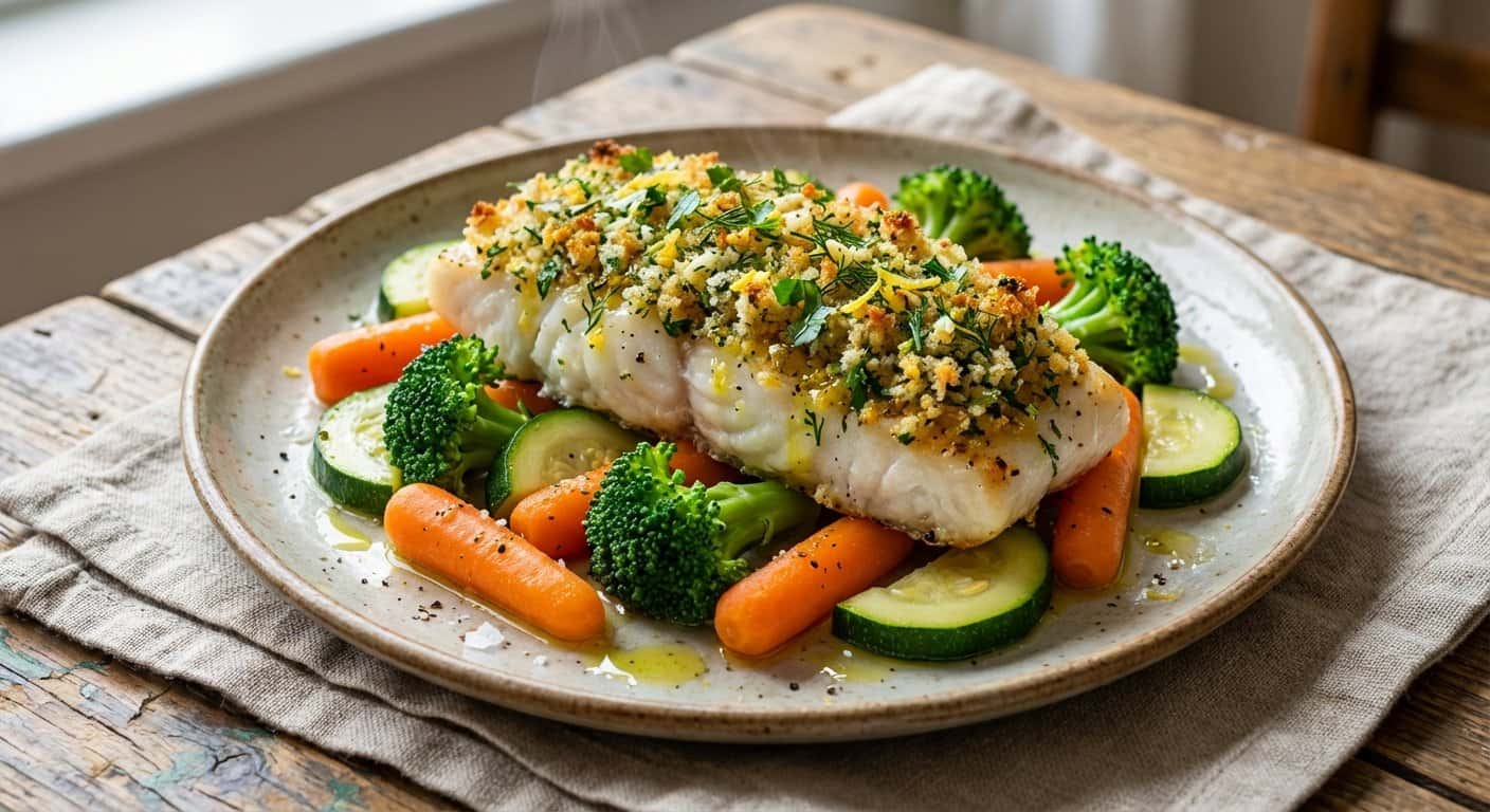 Abadejo con Costra de Hierbas y Verduras al Vapor