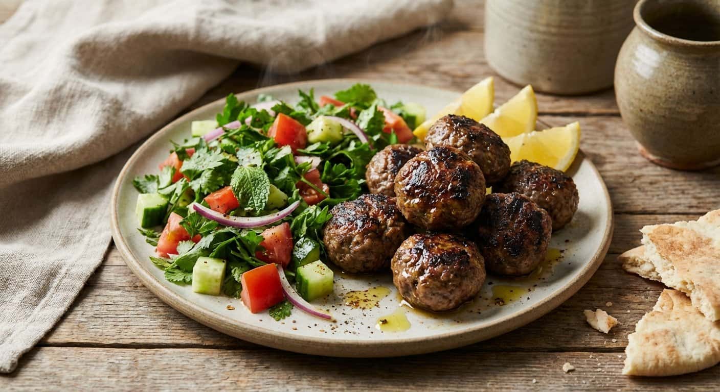 Albóndigas de Cordero a la Plancha con Ensalada de Hierbas Frescas
