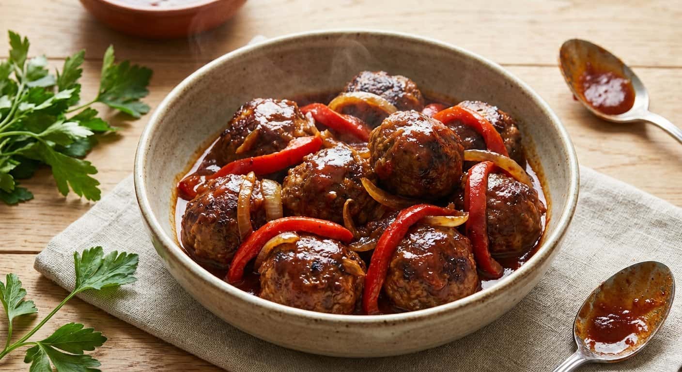 Albóndigas de Cordero en Salsa Barbacoa con Pimiento Rojo