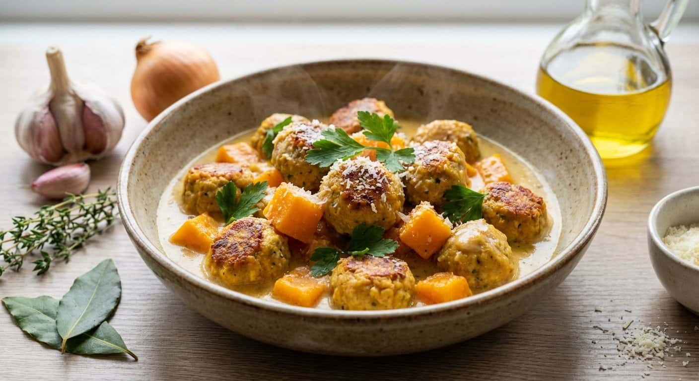 Albóndigas de Tofu en Salsa de Vino Blanco con Calabaza