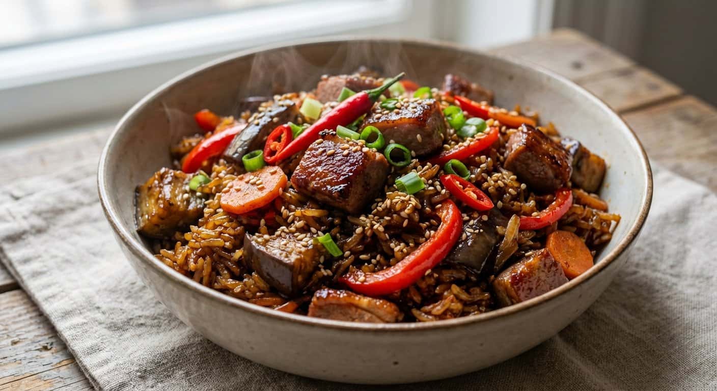 Arroz Frito Hunan con Pato y Berenjena