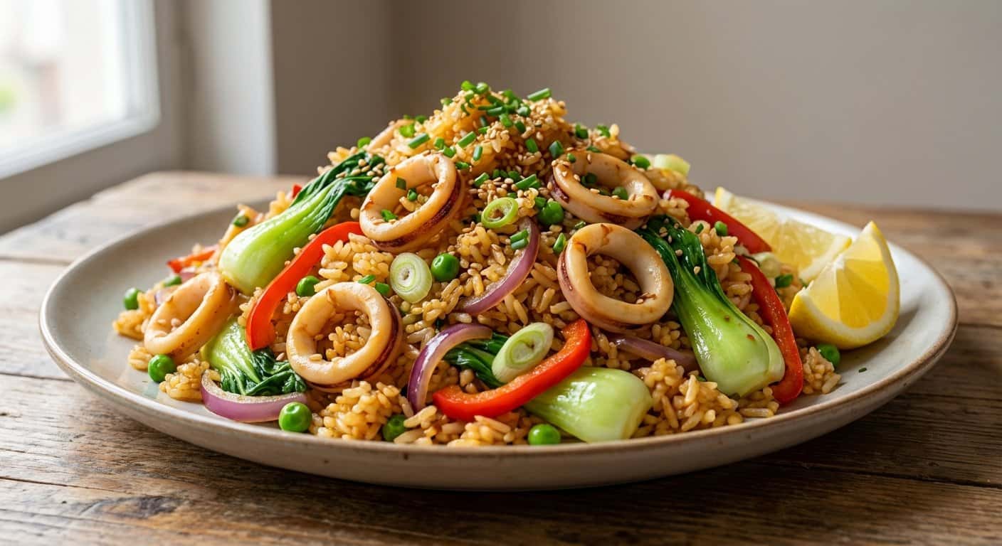 Arroz Frito Pekín con Calamar y Pak Choi