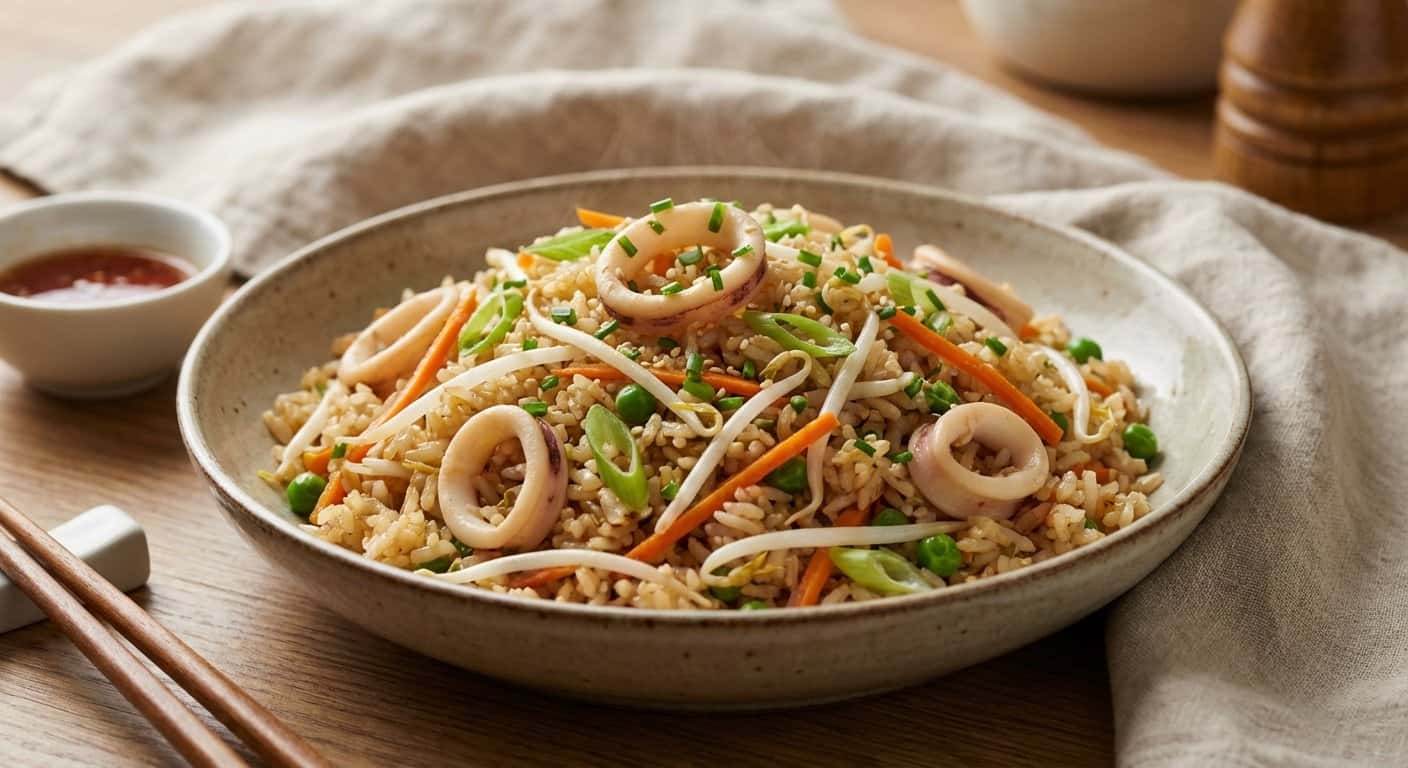 Arroz Frito Shanghainesa con Calamar y Brotes de Soja