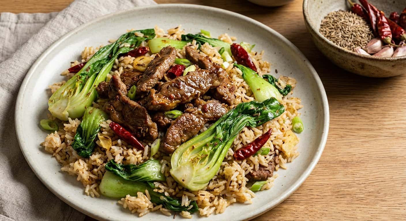 Arroz Frito Xinjiang con Cordero y Pak Choi