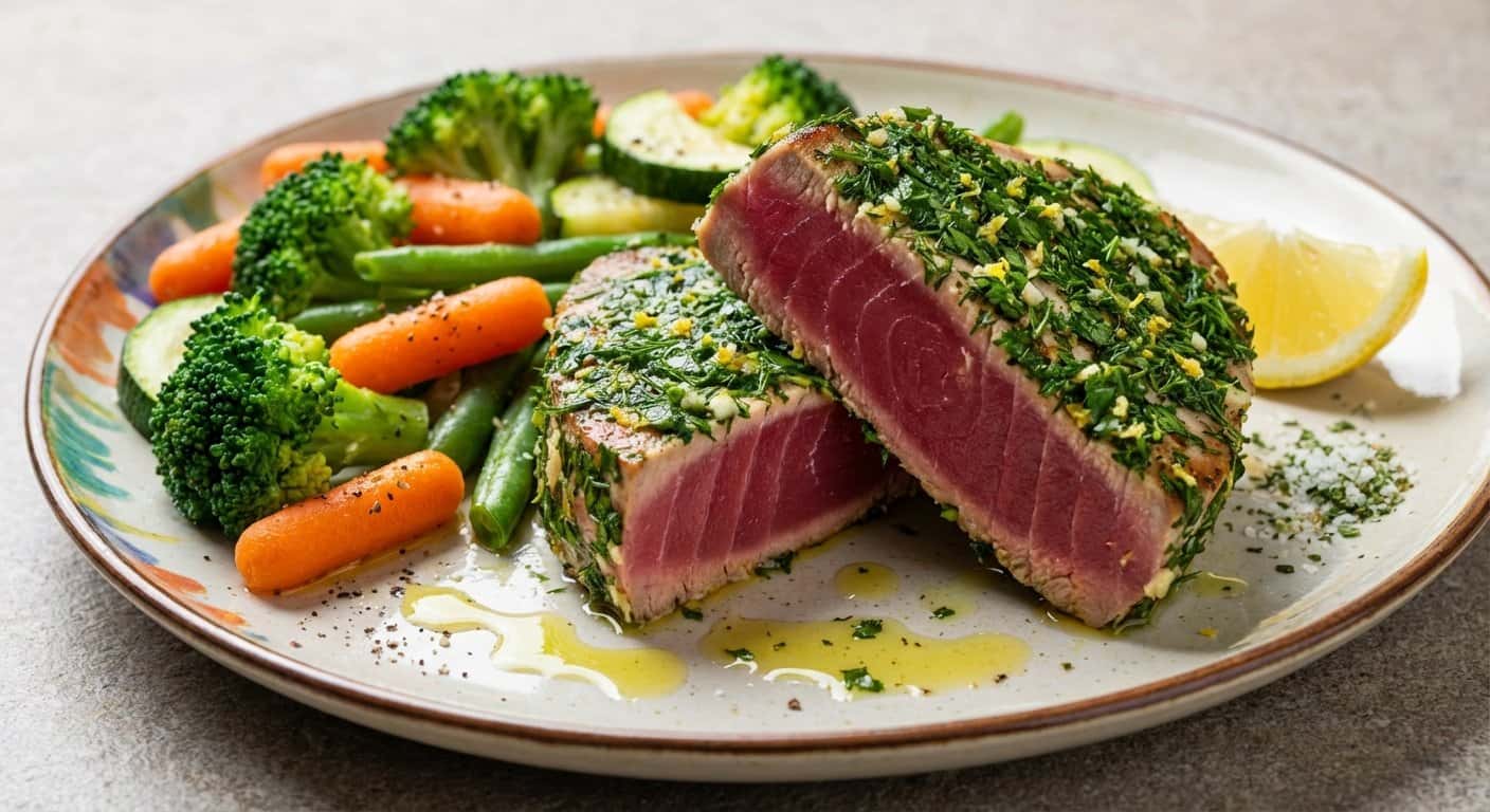 Atún con costra de hierbas con verduras al vapor
