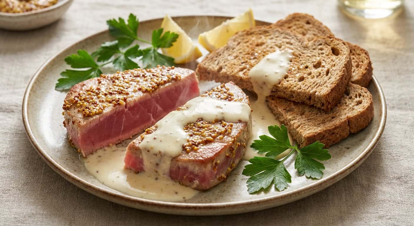 Atún con Mostaza Antigua y Salsa de Queso